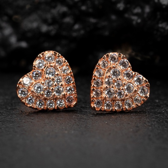 Honey Comb Set 925 Sterling Silver Women’s 14K Rose GoldHeart Stud Earrings - Picture 4 of 5